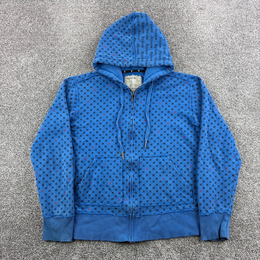 Y2K Hurley Hoodie Mens Small Blue Cotton All Over Print Logo Full Zip Skate Surf